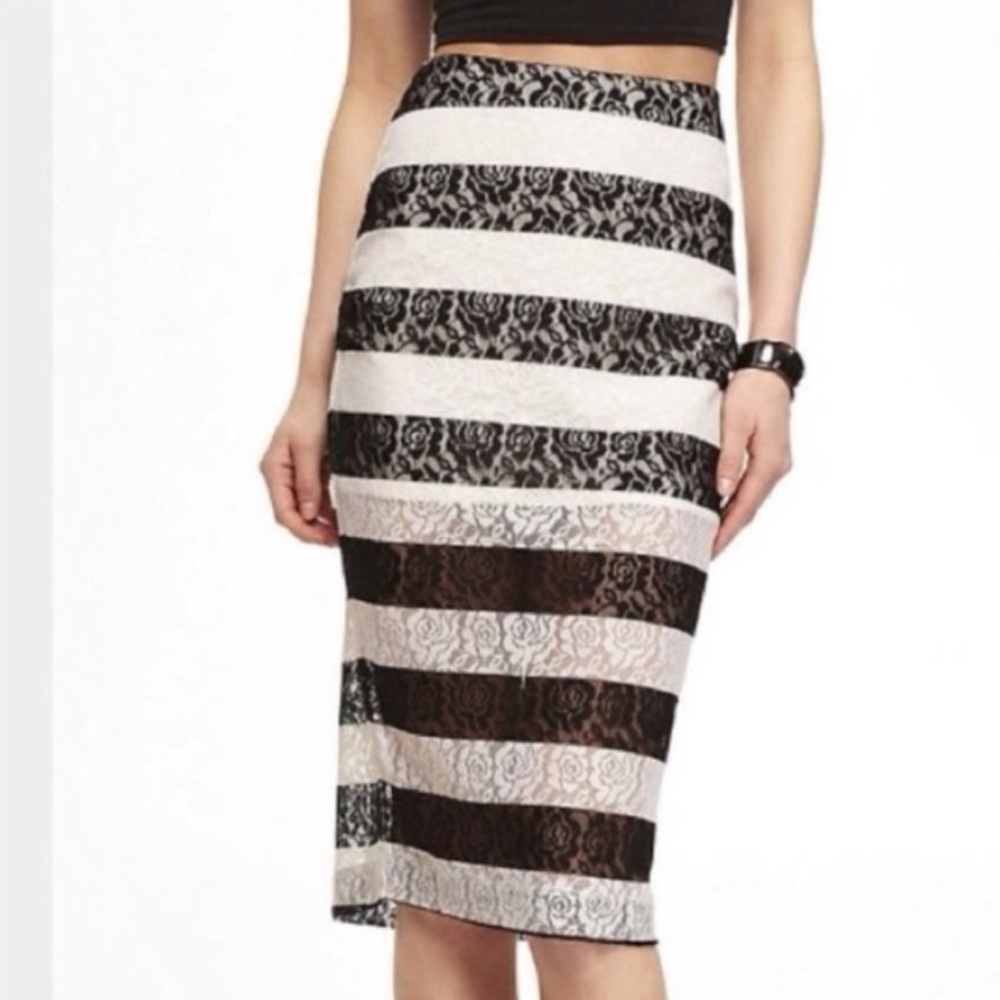 EXPRESS BLACK WHITE STRIPED LACE PENCIL SKIRT 14